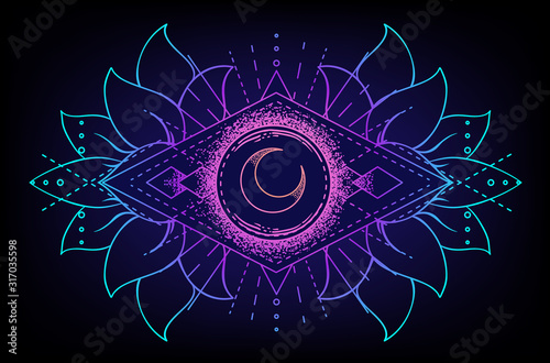 Sacred Geometry and Boo symbol set. Ayurveda sign of harmony and balance. Tattoo design, yoga logo. poster, t-shirt textile. Colorful rainbow gradient over black.