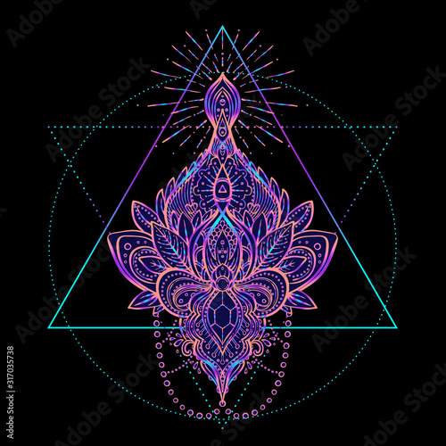 Sacred Geometry and Boo symbol set. Ayurveda sign of harmony and balance. Tattoo design, yoga logo. poster, t-shirt textile. Colorful rainbow gradient over black.