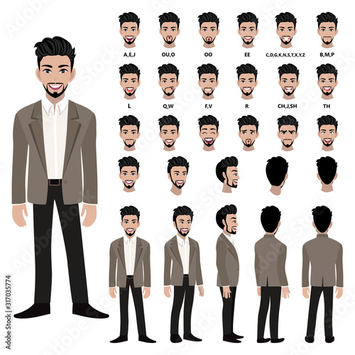 Cartoon character with business man in suit for animation. Front, side, back, 3-4 view character. Separate parts of body. Flat vector illustration.