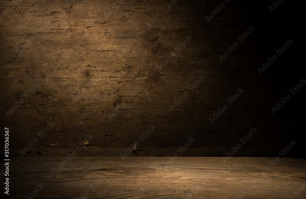 wood brown grain texture, dark wall background, top view of wooden table - obrazy, fototapety, plakaty 