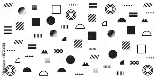 Memphis Simple Black White Abstract Circle Line Rectangle Box Arrow Cross Mountain River Pie Egypt Basic Shape Background For shirt