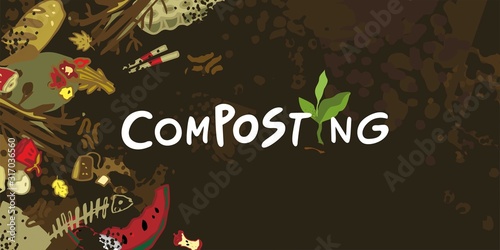 Background of soil with food waste and with an inscription composting in the center. Template landing page for farming, agriculture, gardening. Banner of eco life, zero waste. Vector illustration.