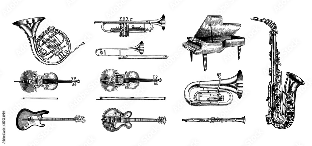 Jazz classical wind instruments set. Musical Trombone Trumpet Flute Bass guitar Semi-acoustic French horn Saxophone Cello Tuba Violin Piano. Hand drawn monochrome engraved vintage sketch. - obrazy, fototapety, plakaty 