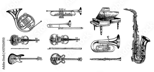 Jazz classical wind instruments set. Musical Trombone Trumpet Flute Bass guit...