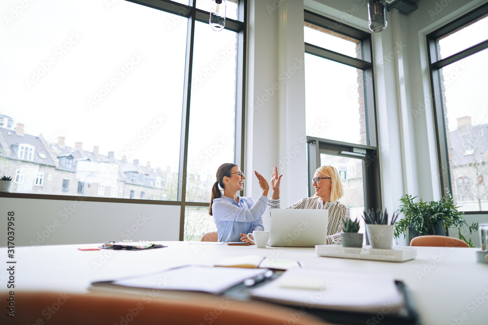 Two smiling businesswomen high fiving each other in an office Two smiling businesswomen high fiving each other in an office