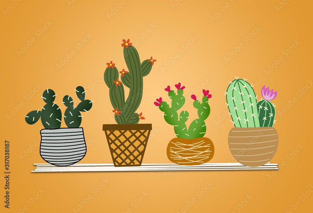 Home plants cactus in pots and with flowers background, wallpaper Home plants cactus in pots and with flowers background, wallpaper
