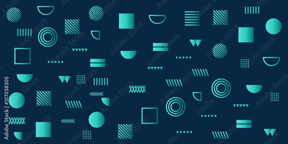 Fototapeta premium Memphis Simple Blue Tosca Abstract Circle Line Rectangle Box Arrow Cross Mountain River Pie Egypt Basic Shape Background For shirt