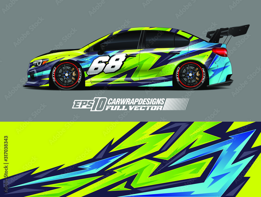 Rally car wrap decal design. Abstract stripe racing background designs for wrap cargo van, race car, pickup truck, adventure vehicle. Eps 10