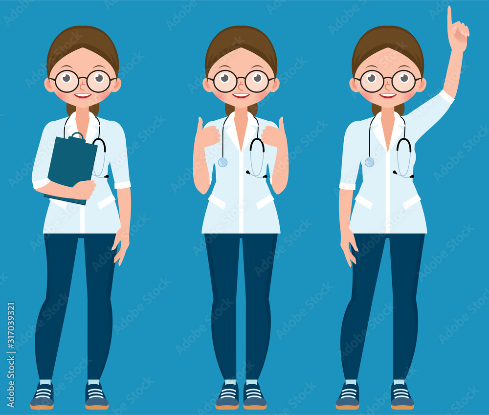 Vector set cartoon illustration of a young woman doctor or nurse in full length dressed in medical uniform shows different gestures Vector set cartoon illustration of a young woman doctor or nurse in full length dressed in medical uniform shows different gestures