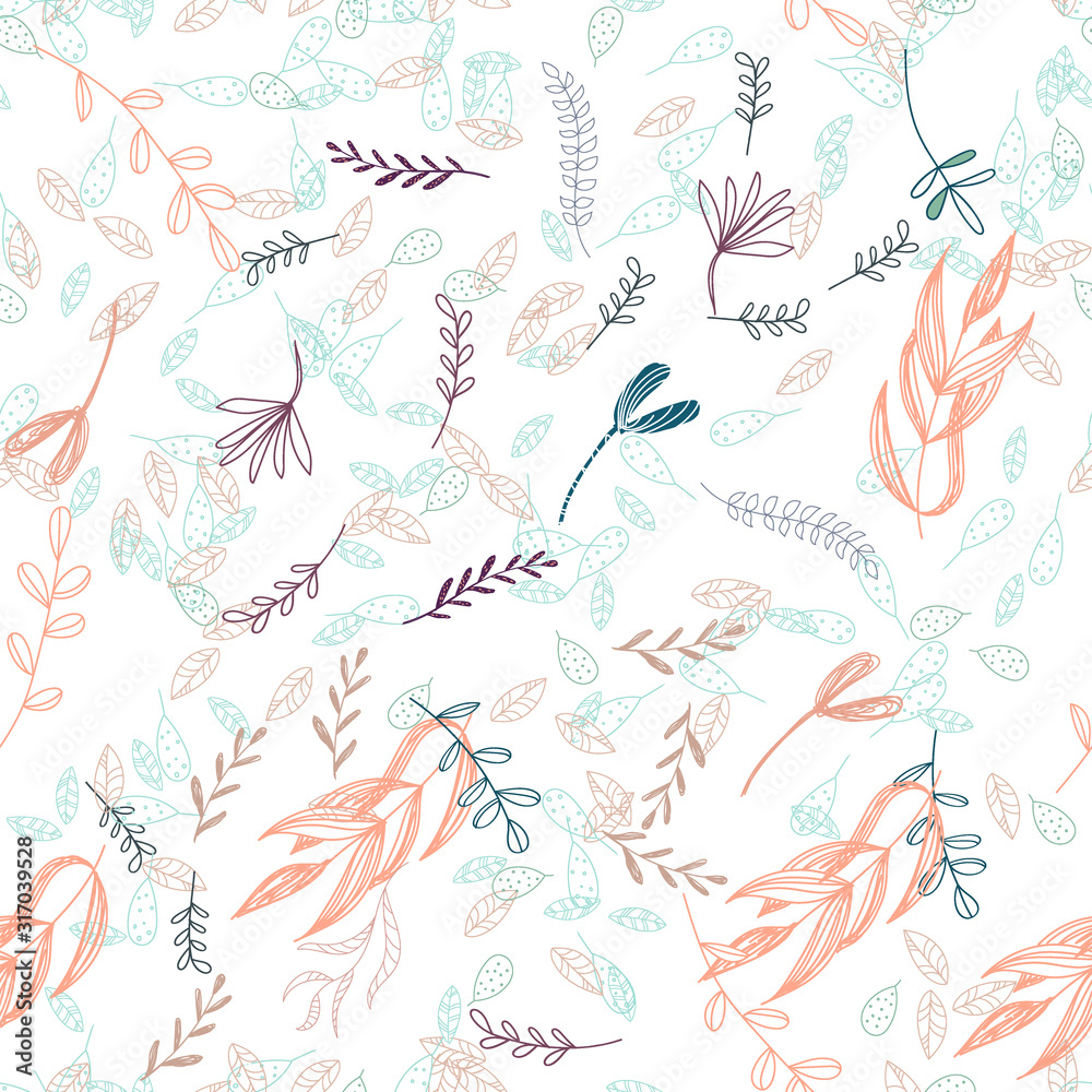 Trendy outline native foliage and leaves seamless pattern. Small and medium elements paradise flora leaves.Vector illustration.