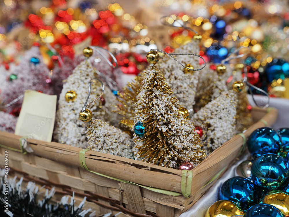 Christmas ornaments at market.
