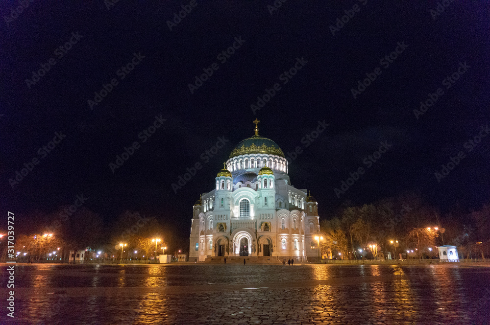 The St. Nicholas Wonderworker's Naval Cathedral in the night illumination close-up. Kronstadt, Russia