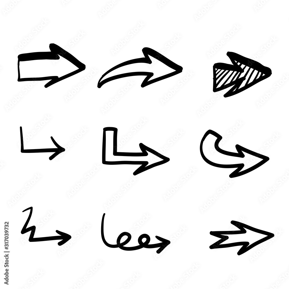 Set of hand drawn vector arrows on white background. scribble Arrow vector icon Collection doodle Set of hand drawn vector arrows on white background. scribble Arrow vector icon Collection doodle