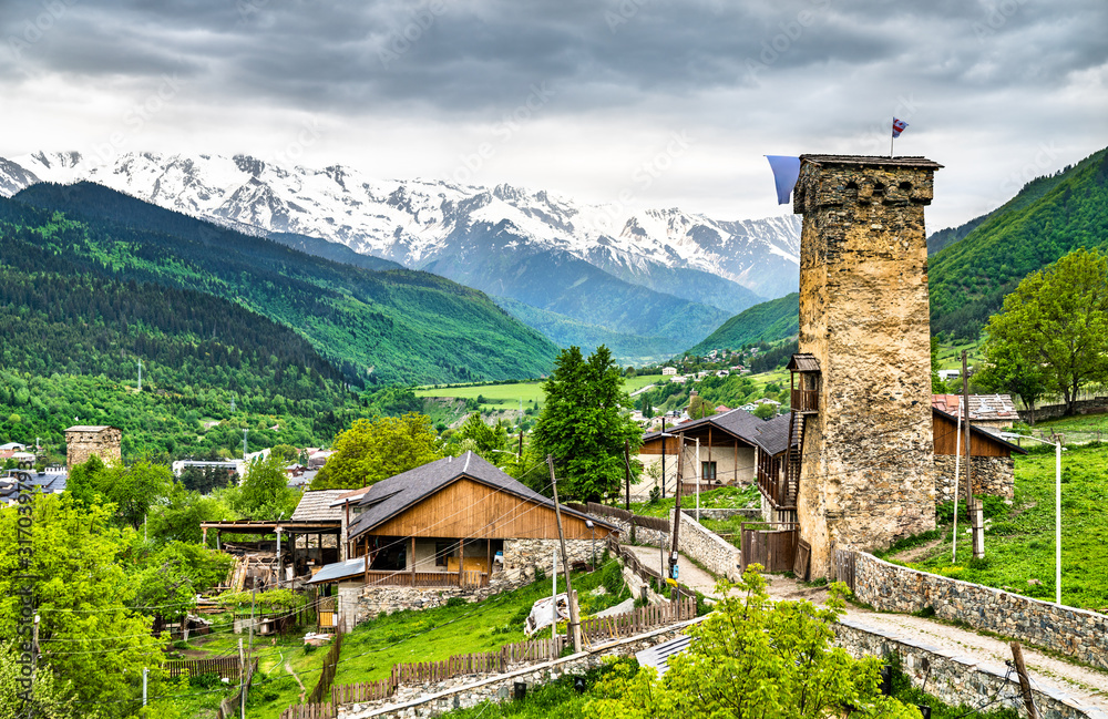 Fototapeta premium Defensive Svan Towers in Mestia, Georgia