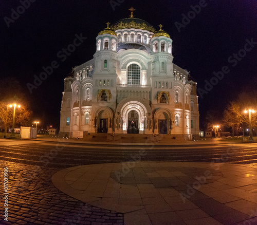 The St. Nicholas Wonderworker's Naval Cathedral in the night illumination close-up. Kronstadt, Russia photo