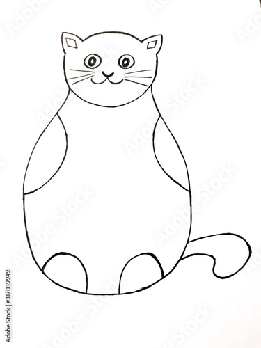 Illustration with pencil and watercolor paints. Abstract cat drawn by hand. Design of tattoo, wallpaper, covers, clothes, backgrounds.