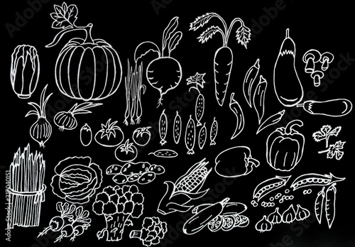  Drawing with pencils and watercolor paints. Set of vegetables. Design of banner, pattern, cover, backgrounds.