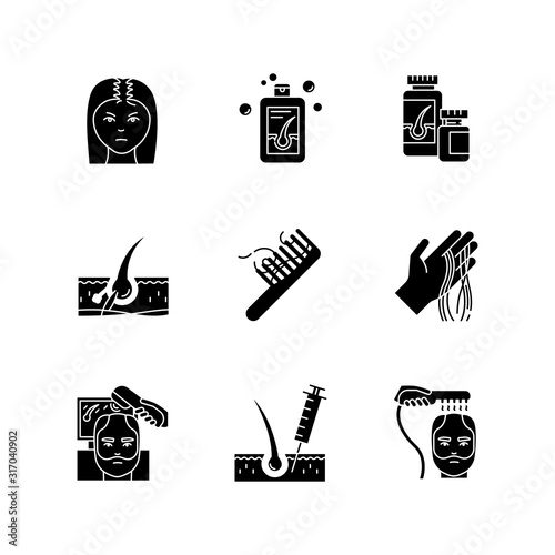Hair loss black glyph icons set on white space. Male alopecia and female balding. Laser therapy for hair regrowth. Injection and transplantation. Silhouette symbols. Vector isolated illustration