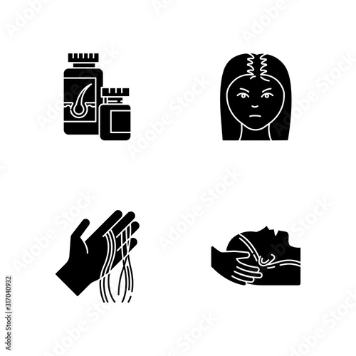 Hair loss black glyph icons set on white space. Female baldness. Alopecia treatment. Woman with thinning hair. Physiotherapy, vitamin supplements. Silhouette symbols. Vector isolated illustration