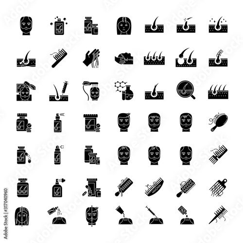 Hair loss black glyph icons set on white space. Baldness and alopecia treatment. Laser therapy for hairloss. Female and male hair thinning problem aid. Silhouette symbols. Vector isolated illustration