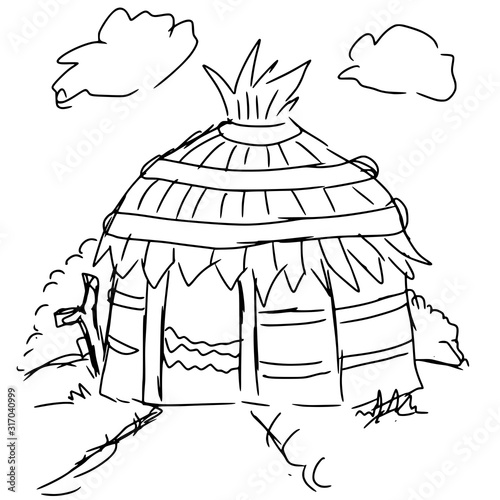 Hand drawn sketch of African village house.