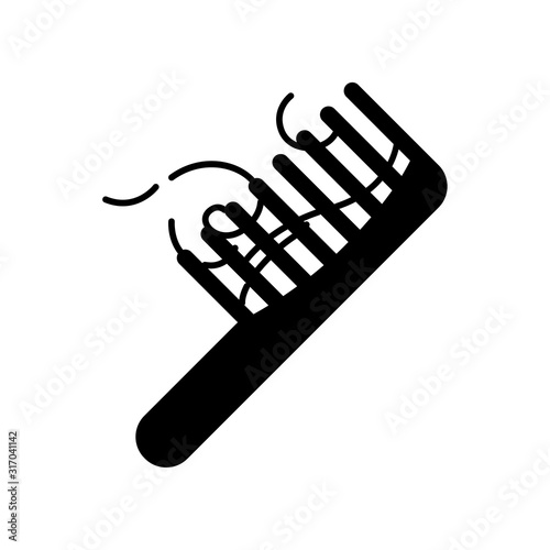 Hairbrush black glyph icon. Сomb with hair strands. Hairloss problem. Dermatology issue. Stress symptom. Alopecia and balding. Silhouette symbol on white space. Vector isolated illustration