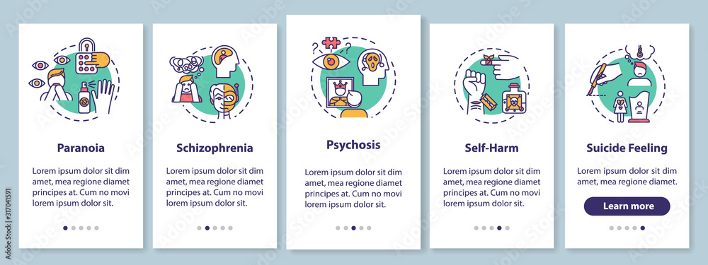 Mental disorders onboarding mobile app page screen with concepts. Psychological diseases walkthrough five steps graphic instructions. Schizophrenia. UI vector template with RGB color illustrations