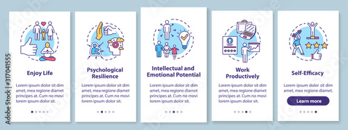 Mental health onboarding mobile app page screen with concepts. Psychological wellness walkthrough five steps graphic instructions. Work productively. UI vector template with RGB color illustrations