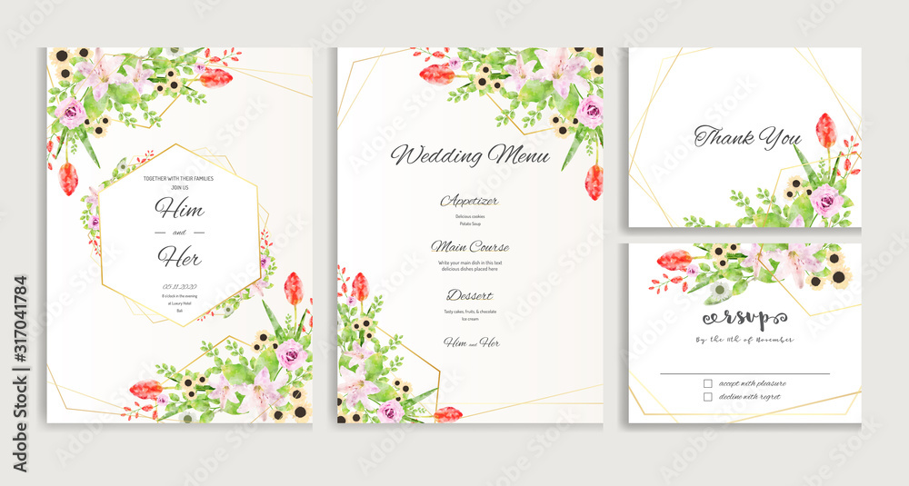 Elegant wedding invitation with watercolour flowers and green leaves design. Template set vector image.