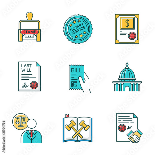 Notary services RGB color icons set. Apostille and document legalization. Stock certificate. Bill. Supreme court. Legal code. Last will. Lawyer, attorney. Contract. Isolated vector illustrations