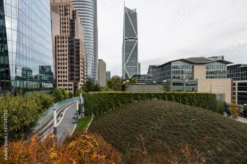 Photography San Francisco, California, USA - December 21, 2019, Salesforce Park in the Soma area, a luxury park in the center of San Francisco, located on the fourth floor of the city center transit