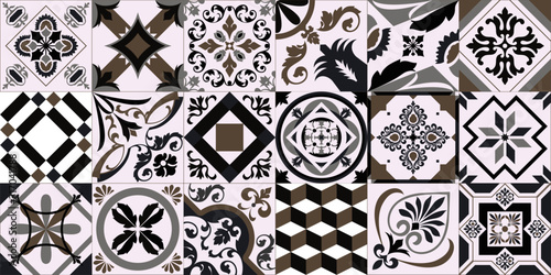 Traditional ornate Portuguese decorative tiles azulejos. Abstract background. Vector hand drawn illustration, typical portuguese tiles, Ceramic tiles. Set of mandalas