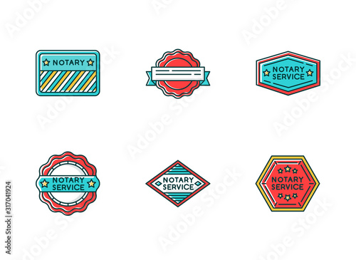 Notary service stamps RGB color icons set. Apostille and legalization. Validation. Approval, confirmation. Legal document. Notarization. Authentification. Isolated vector illustrations