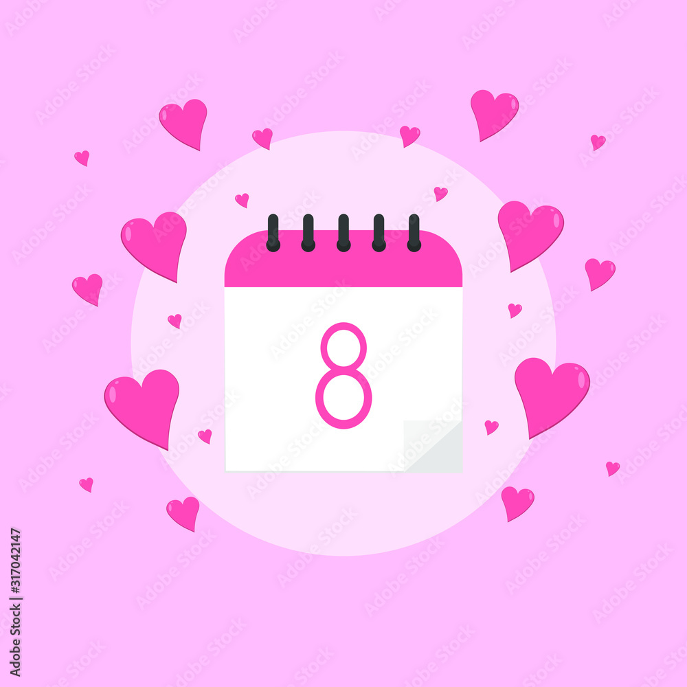This is vector calendar with the date 8th. Outline calendar isolated on pink background with flowers. Could be used for flyers, postcards, holidays decorations. For Women’s Day. This is vector calendar with the date 8th. Outline calendar isolated on pink background with flowers. Could be used for flyers, postcards, holidays decorations. For Women’s Day.