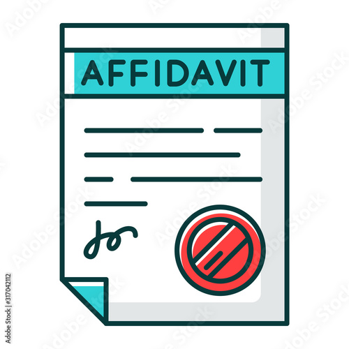 Confirmed affidavit RGB color icon. Signed notarized document. Apostille and legalization. Written statement. Declaration. Legal paper. Notary services. Isolated vector illustration