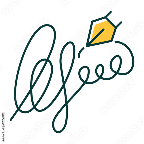 Signature RGB color icon. Handwriting. Autograph. Proof of identity and intent. Evidence of consent. Apostille and legalization. Legal paper. Notary services. Isolated vector illustration