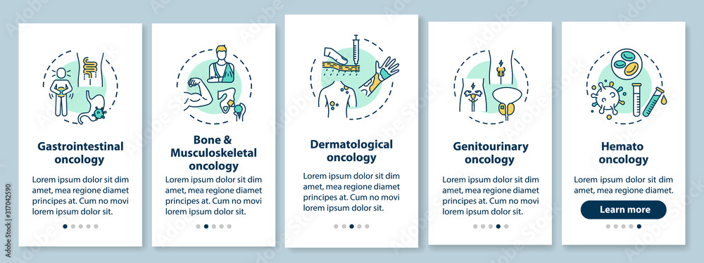 Oncology onboarding mobile app page screen with concepts. Cancer treatment walkthrough five steps graphic instructions. Gastrointestinal oncology. UI vector template with RGB color illustrations