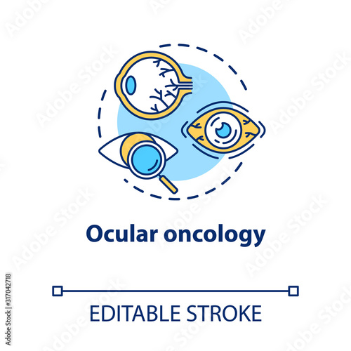 Ocular oncology concept icon. Eye neoplasm diagnosis and treatment. Structure, functioning of eye. Ophthalmology idea thin line illustration. Vector isolated outline RGB color drawing. Editable stroke