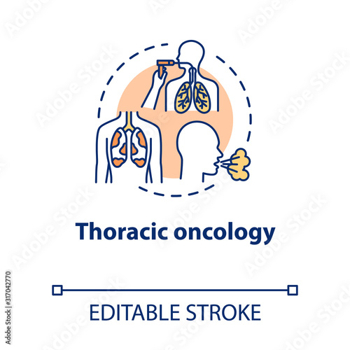Thoracic oncology concept icon. Lung airways inflammatory disease. Asthma, tuberculosis. Pulmonology idea thin line illustration. Vector isolated outline RGB color drawing. Editable stroke