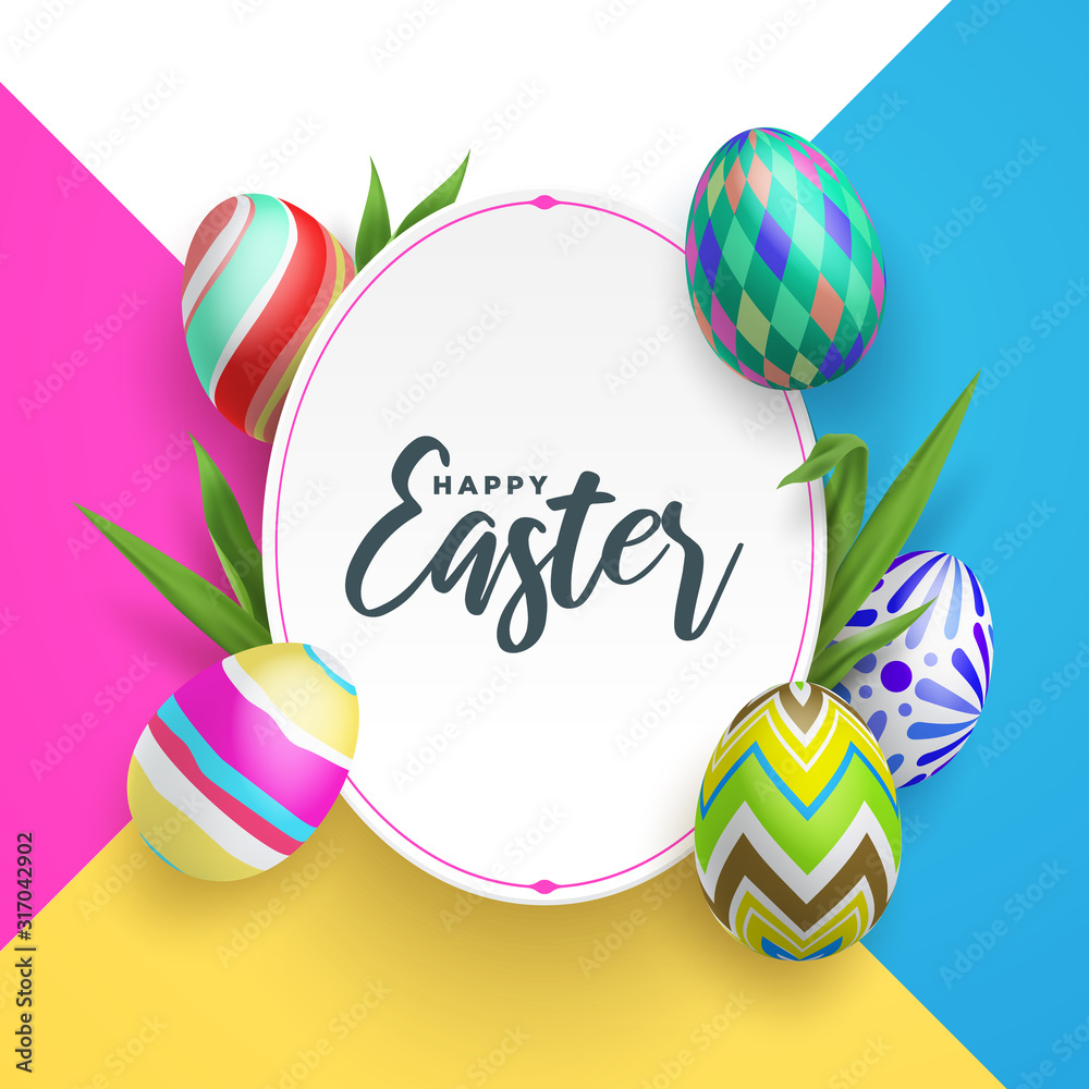 Cute Easter greeting frame with abstract colorful painted eggs vector background illustration
