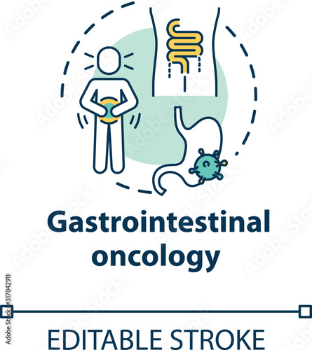 Gastrointestinal oncology concept icon. Enterovirus diagnosis, treatment. Digestive upset. Health care idea thin line illustration. Vector isolated outline RGB color drawing. Editable stroke