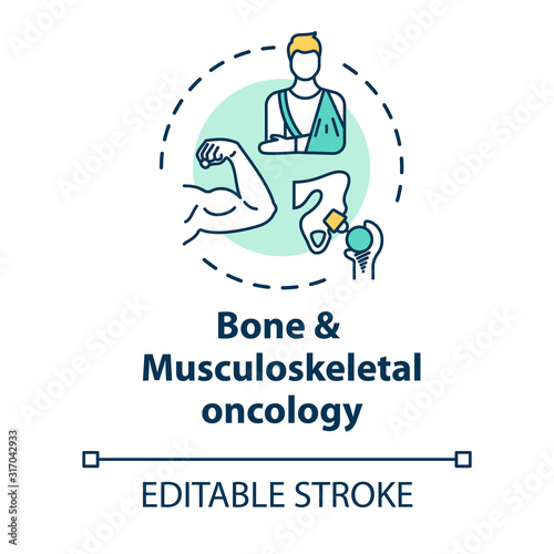 Bone and musculoskeletal oncology concept icon. Bone and muscle cancer treatment. Recovery from injuries idea thin line illustration. Vector isolated outline RGB color drawing. Editable stroke