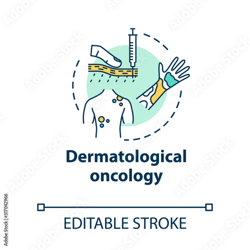Dermatological oncology concept icon. Skin cancer awareness disease. Dermatitis, urticaria. Human health care idea thin line illustration. Vector isolated outline RGB color drawing. Editable stroke
