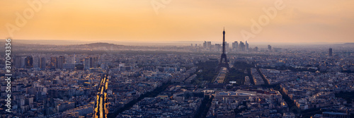 High resolution aerial panorama of Paris, France taken from the Notre Dame Cathedral before the destructive fire of 15.04.2019. The river Seine. Aerial view of Paris at sunset. Paris, France. © daliu