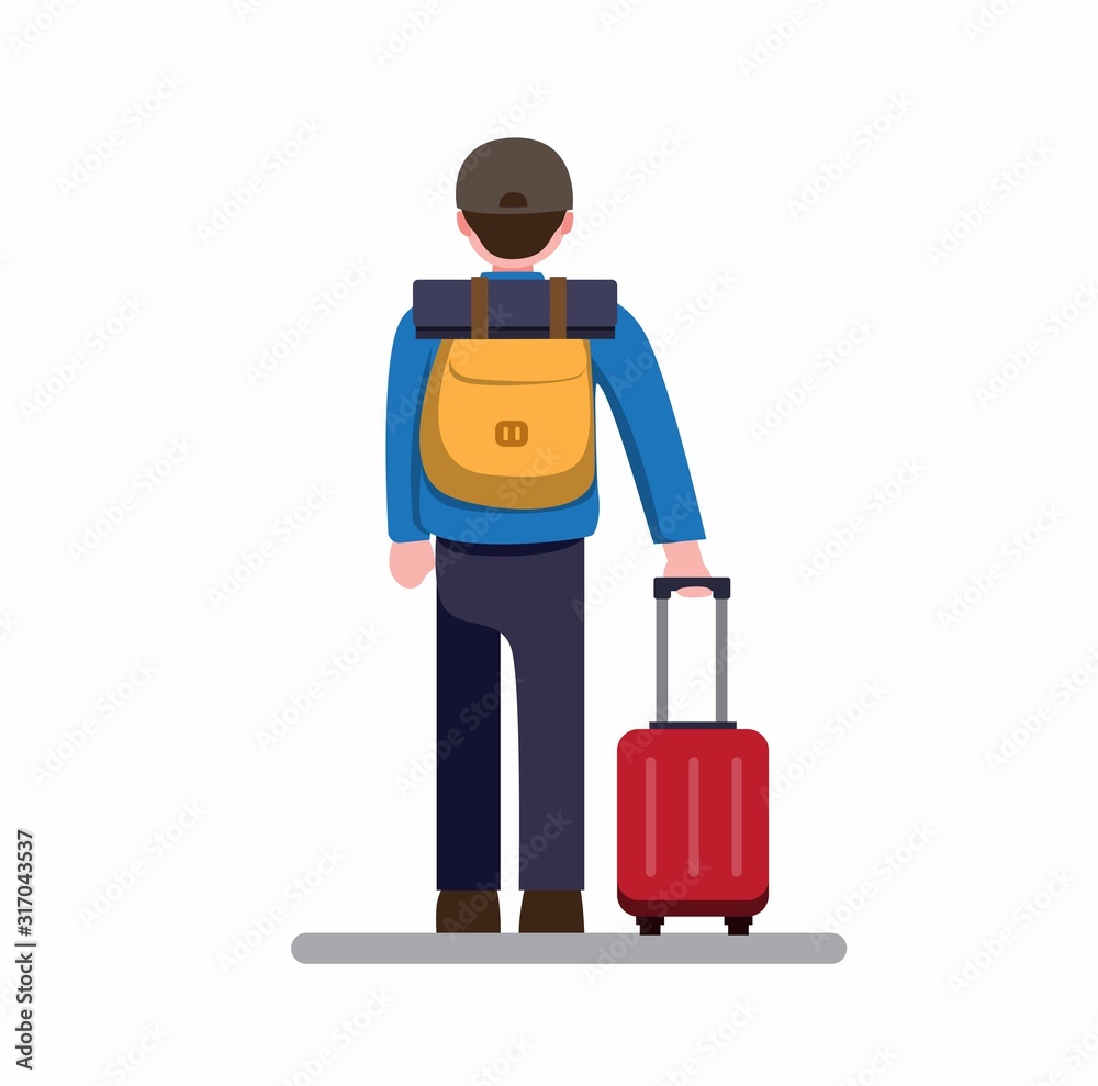back view of man travelling with backpack and suitcase, cartoon flat illustration vector isolated in white background