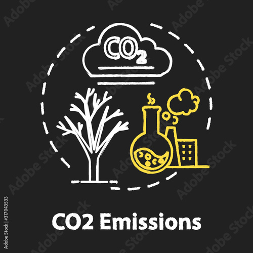 CO2 emission chalk RGB color concept icon. Facility and factory production. Industrial chemical pollution. Overconsumption idea. Vector isolated chalkboard illustration on black background