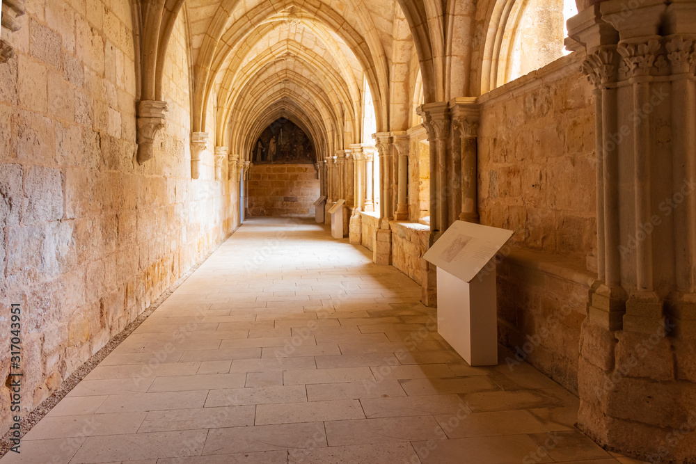 View of a side of the lower cloister of the Cistercian monastery,  Sta Maria of Huerta, Aragon, Spain