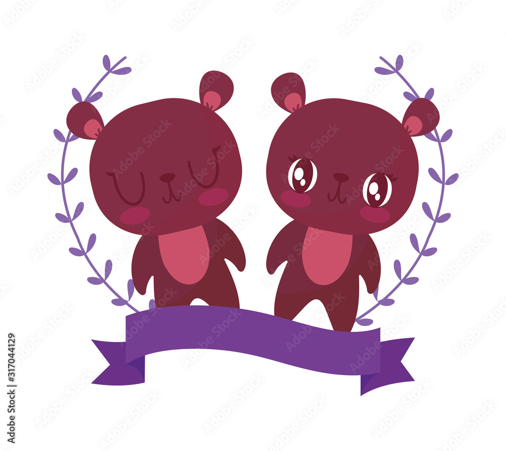 Obraz premium Cute bears cartoons and leaves wreath vector design