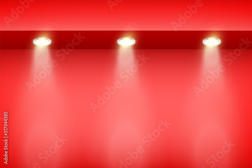 The border on red wall with spotlights. Modern Interior False Ceilings with Design for Kitchen and Living Room and Bedroom. Editable Background Vector illustration.