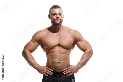 Young athletic man with a naked torso isolated on a white background.